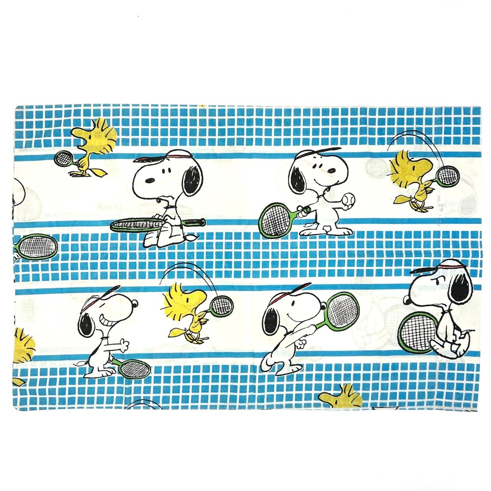 Vintage Peanuts Snoopy Woodstock Tennis Pillowcase Blue White Yellow 1958 1965